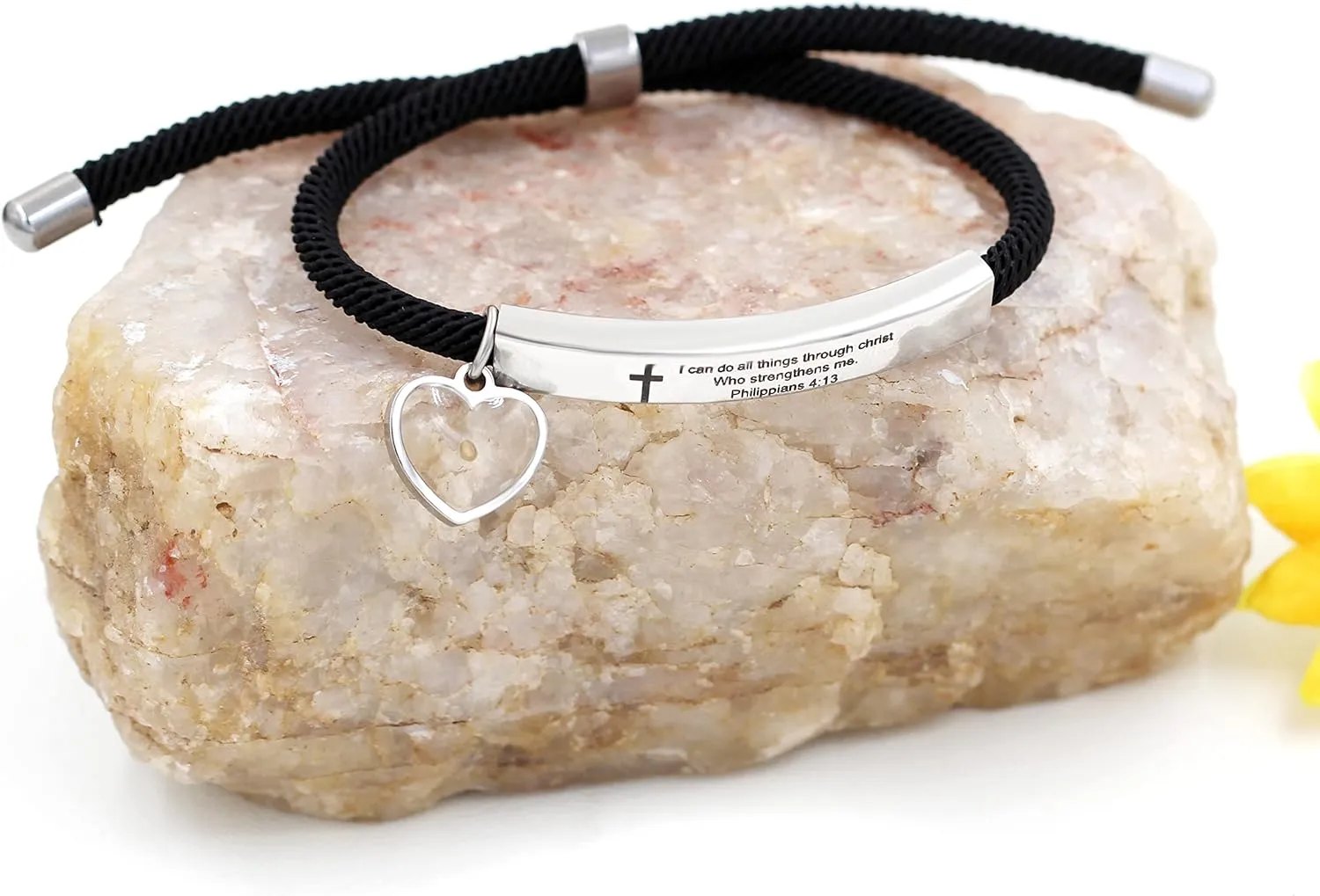 Uloveido Christian Religious Bible Quote Bracelet for Women Encouragement Gift, Black Rope Stainless Steel Tag Bible Engraved Bracelet