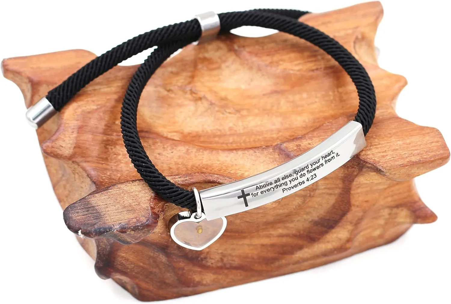 Uloveido Christian Religious Bible Quote Bracelet for Women Encouragement Gift, Black Rope Stainless Steel Tag Bible Engraved Bracelet