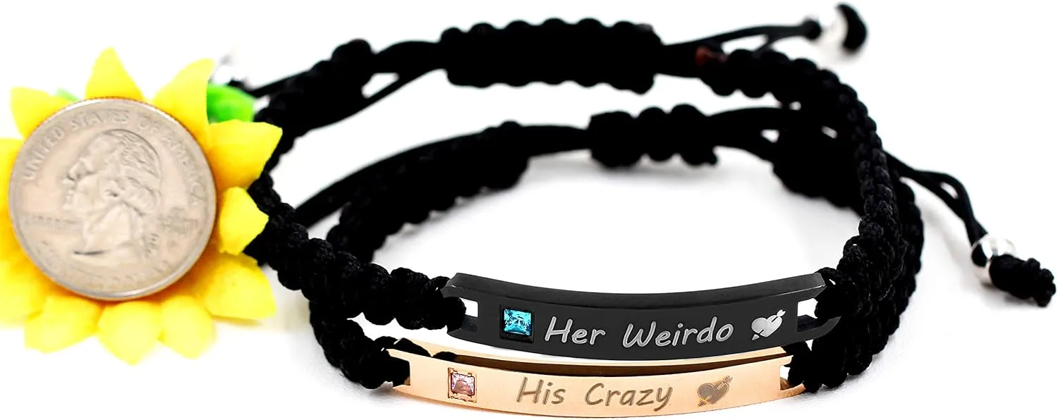 Uloveido His and Hers Matching Set Titanium Stainless Steel ID Plate Handmade Braided Rope Couples Bracelets for Him and Her