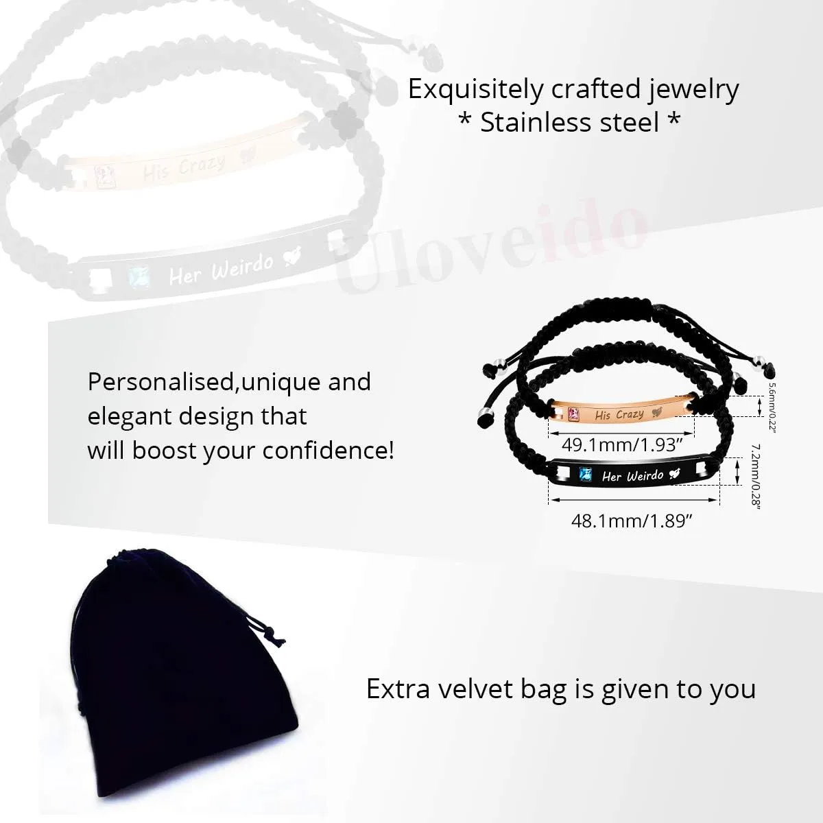 Uloveido His and Hers Matching Set Titanium Stainless Steel ID Plate Handmade Braided Rope Couples Bracelets for Him and Her