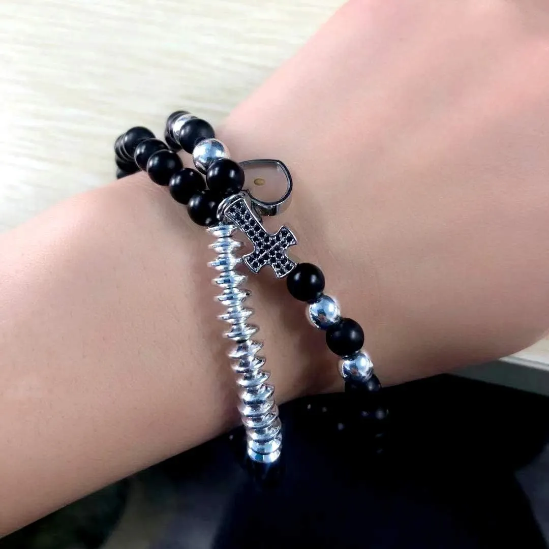 Uloveido Micro-Pave CZ Side Cross Bracelet Multi-Layer, Natural Stone Beads Bracelets with Real Mustard Seed Charms Y1051