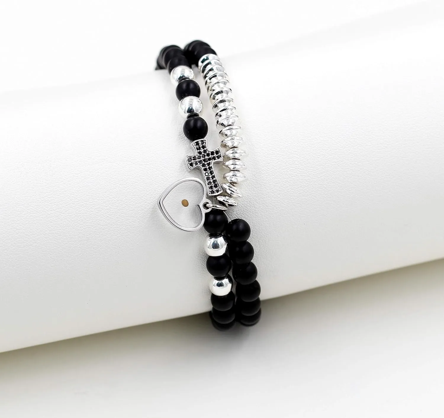 Uloveido Micro-Pave CZ Side Cross Bracelet Multi-Layer, Natural Stone Beads Bracelets with Real Mustard Seed Charms Y1051