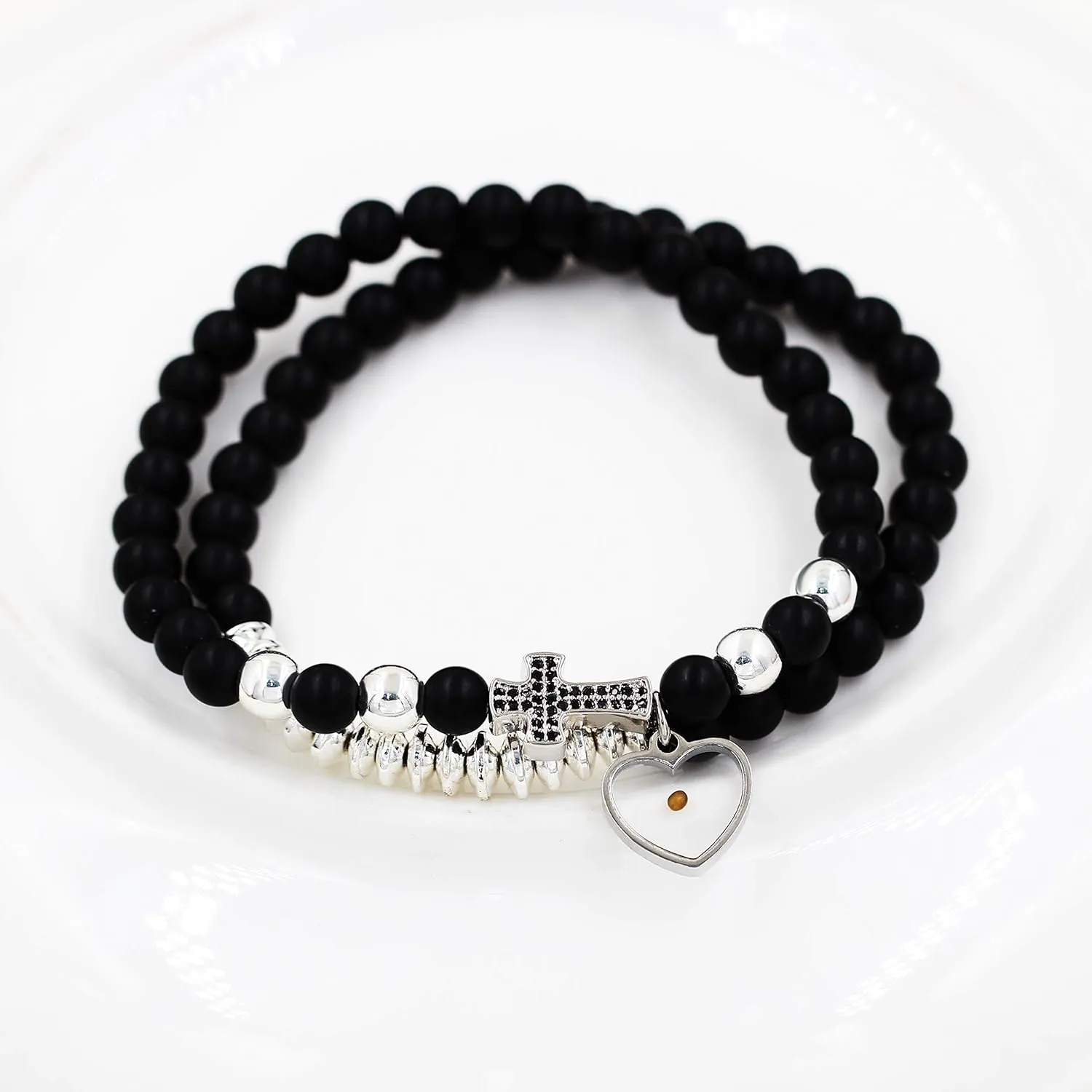 Uloveido Micro-Pave CZ Side Cross Bracelet Multi-Layer, Natural Stone Beads Bracelets with Real Mustard Seed Charms Y1051