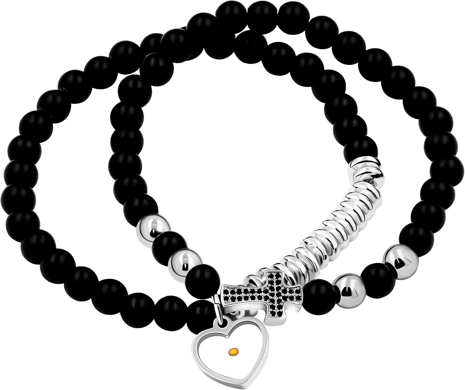 Uloveido Micro-Pave CZ Side Cross Bracelet Multi-Layer, Natural Stone Beads Bracelets with Real Mustard Seed Charms Y1051