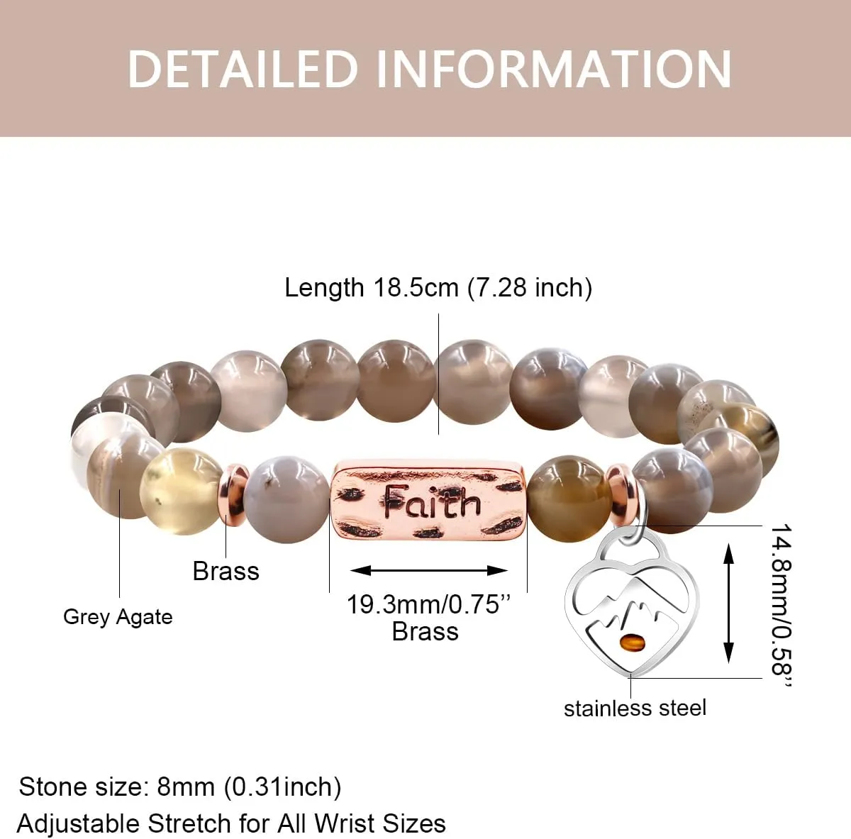 Uloveido Natural Stone 8MM Beads Bracelet with Faith Mustard Seed Charms Inspirational Courage Bracelets for Women Men