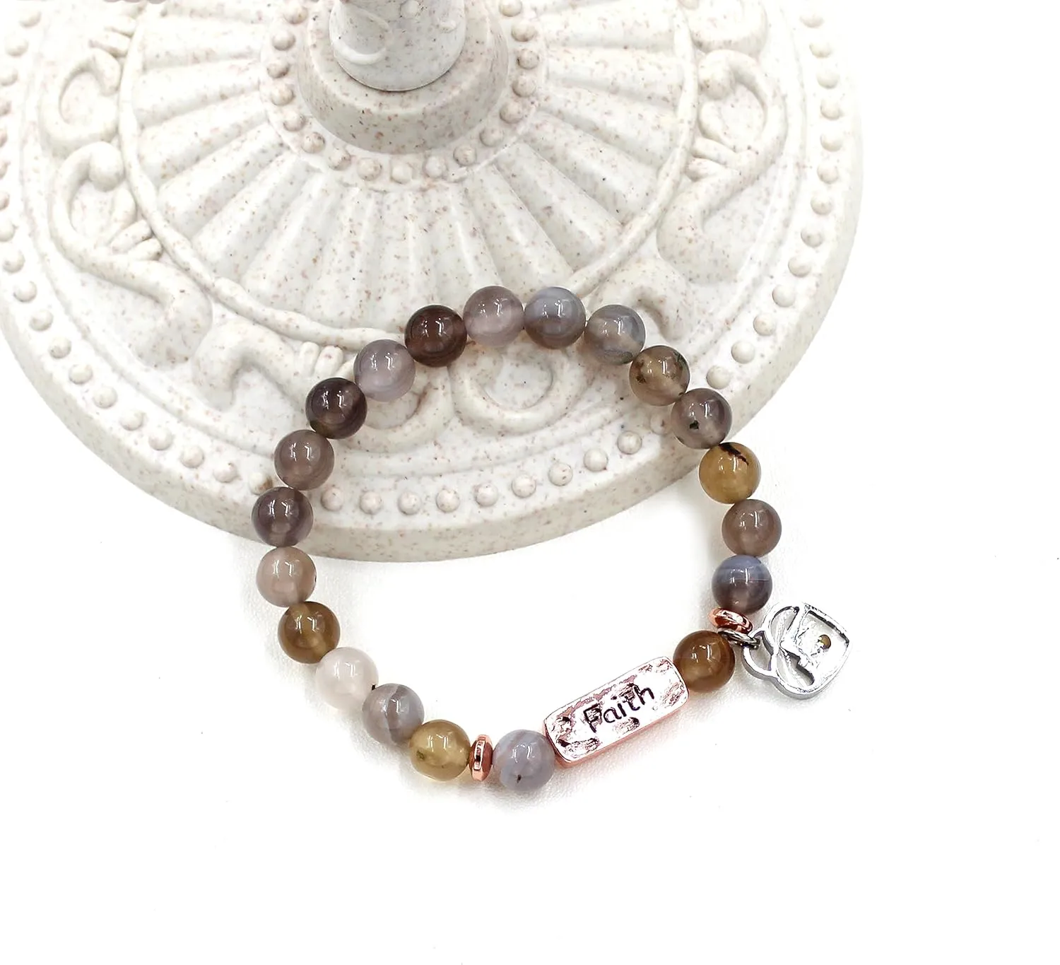 Uloveido Natural Stone 8MM Beads Bracelet with Faith Mustard Seed Charms Inspirational Courage Bracelets for Women Men
