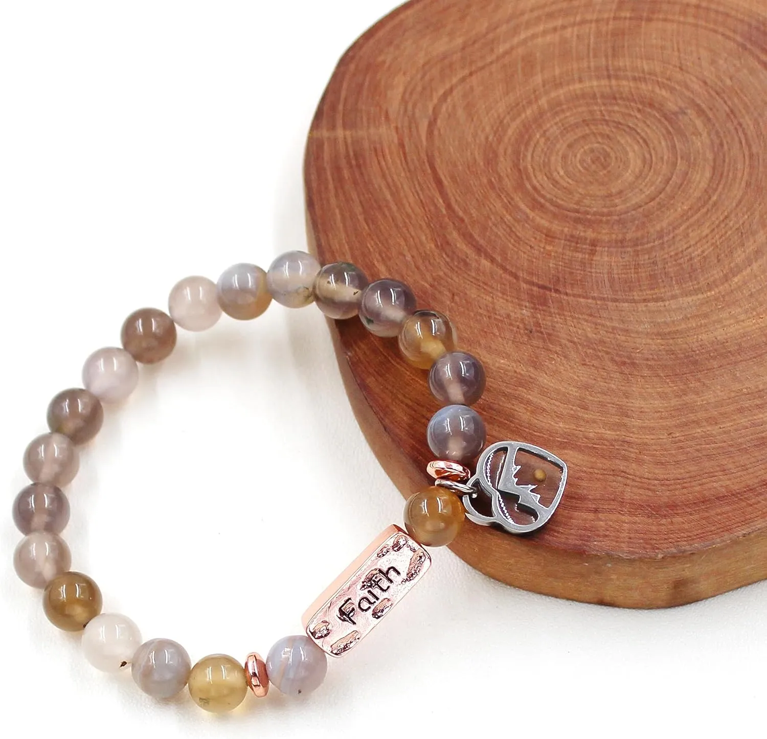 Uloveido Natural Stone 8MM Beads Bracelet with Faith Mustard Seed Charms Inspirational Courage Bracelets for Women Men