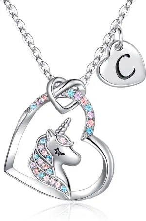 Unicorns Gifts for Girls Necklace, S925 Sterling Silver Unicorn Necklaces for Teen Girls Colorful CZ Heart Pendant Unicorn Necklace Initial Unicorn Necklace Jewelry Unicorn Gifts for Girls Women