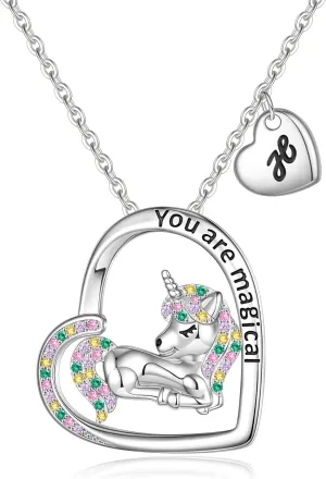 Unicorns Gifts for Girls Necklace, White Gold Plated Colorful CZ Heart Pendant Unicorn Necklace for Girls Women Initial Necklace Unicorn Jewelry Birthday Christmas Gifts for Girls Kids