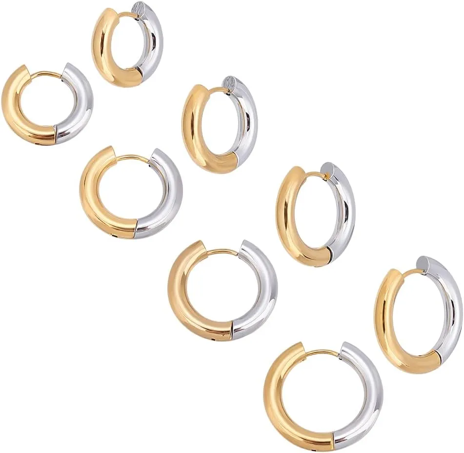 UNICRAFTALE 4 Pairs 4 Sizes Two Tone 304 Stainless Steel Hinged Hoop Earrings Ring Huggie Hoop Earring Earrings for Women Jewellery Making, Gift Idea