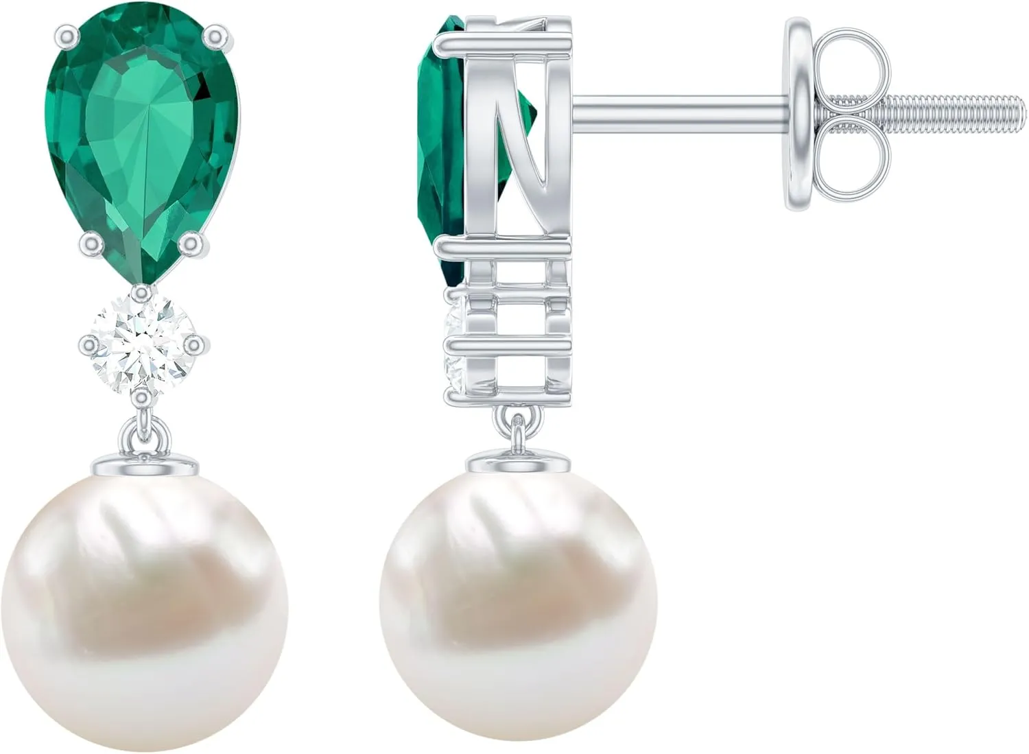 Unique Mothers Day Gifts, Real Pearl Drop Silver Earrings, AAA Quality, Certified Pearl Emerald Art Deco Earrings With Screw Back - Gift For Her