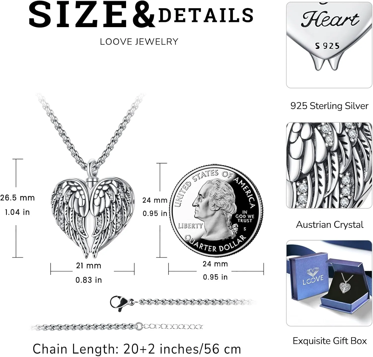 Urn Necklace for Ashes for Women/Men 925 Sterling Silver Cremation Jewelry w/Funnel Filler Memorial Jewelry Gifts
