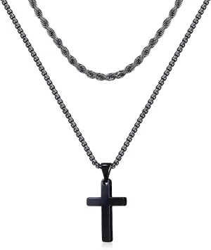 Ursteel Cross Necklace for Men, Stainless Steel Layered Rope Chain Cross Pendant Necklace for Men Simple Jewelry Gifts