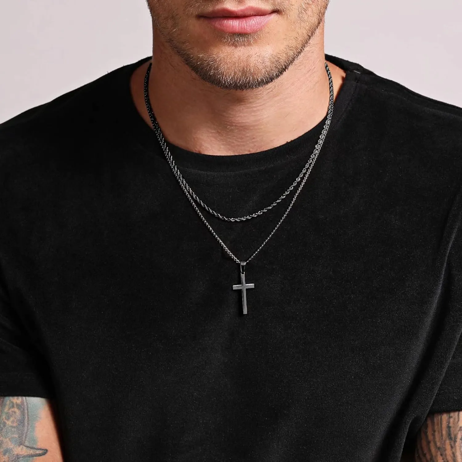 Ursteel Cross Necklace for Men, Stainless Steel Layered Rope Chain Cross Pendant Necklace for Men Simple Jewelry Gifts