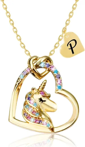 Valentines Day Gifts - Unicorn Necklace Gifts for Girls, Gold CZ Heart Unicorn Jewelry Initial Girls Birthday Colorful Heart Necklace Birthday present
