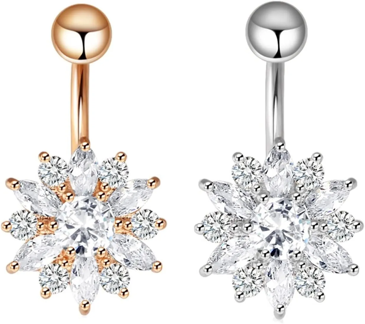 Valentines Gifts for Women, Navel Rings Cute Cubic Zirconia Silver Rose Gold Surgical Steel Flower 14G for Women Mother Body Piercing Jewelry