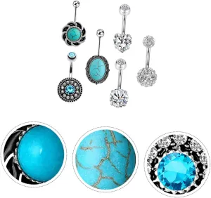 VALICLUD 6pc High Polish Stainless Steel Navel Rings Zircon Stones Belly Button Jewelry