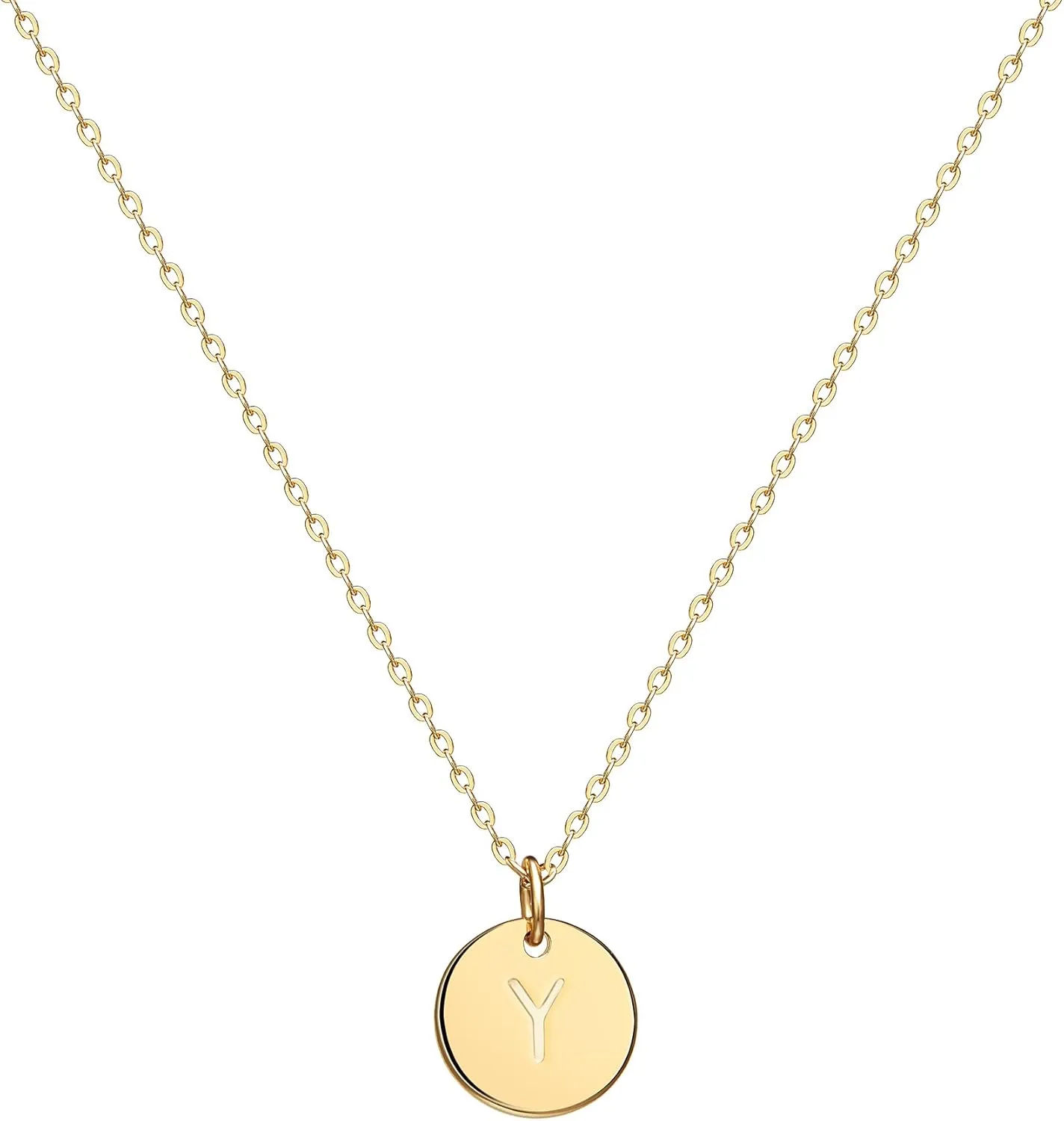 Valloey Rover Initial Necklaces for Women 14K Gold Plated Dainty Letter Necklce Round Coin Disc Pendant Double Side Engraved A-Z Necklace Personalized Jewelry Gift for Women