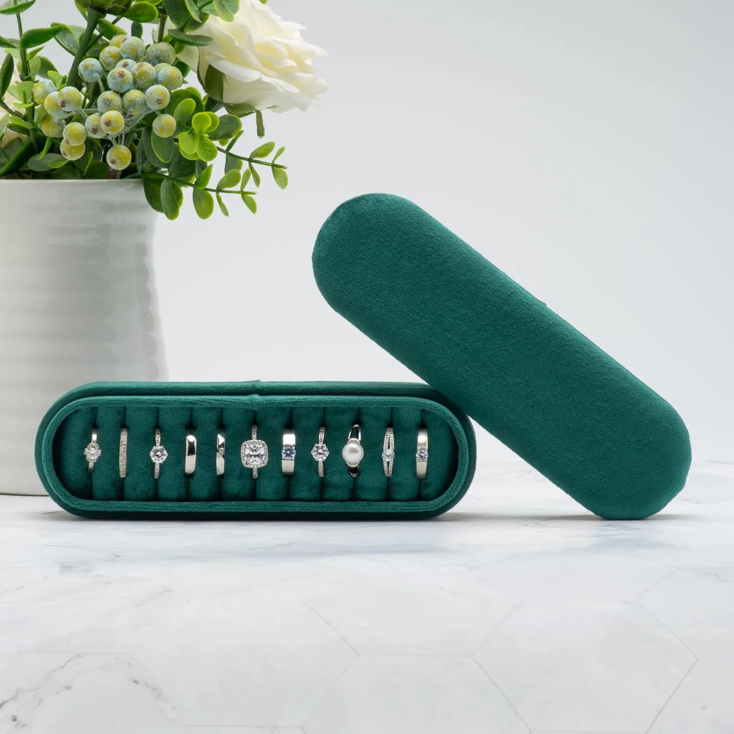 Velvet Small Multiple Ring Box Portable Organizer Display Storage Travel Case Jewelry Earring Holder for Wedding Birthday Christmas Day (Green)