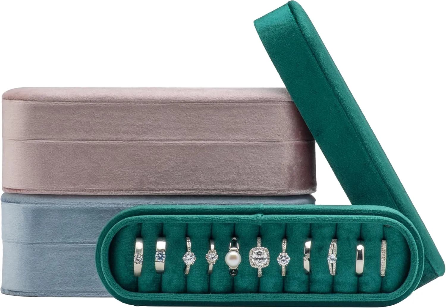 Velvet Small Multiple Ring Box Portable Organizer Display Storage Travel Case Jewelry Earring Holder for Wedding Birthday Christmas Day (Green)