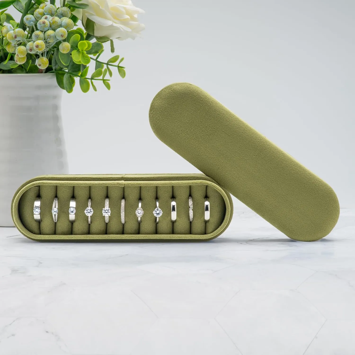 Velvet Small Multiple Ring Box Portable Organizer Display Storage Travel Case Jewelry Earring Holder for Wedding Birthday Christmas Day (Olive Green)