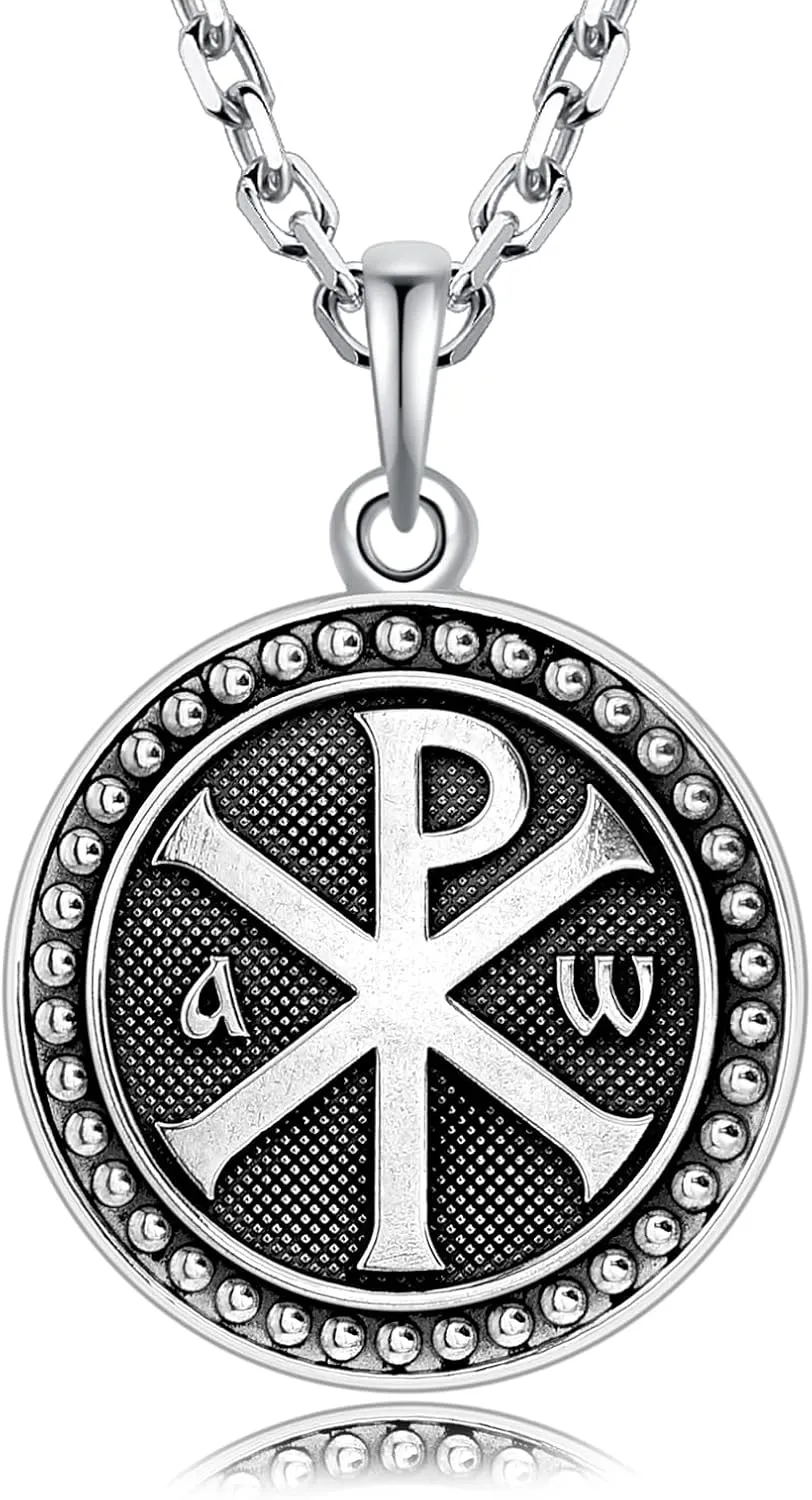 VENICEBEE Cross Chi-Rho Christogram Medal Jesus Christ Name Symbol Sacramental Christian Amulet Unique Solid 925 Sterling Silver Pendant Necklace   Velvet Pouch, Polishing Cloth, Fine Gift Box