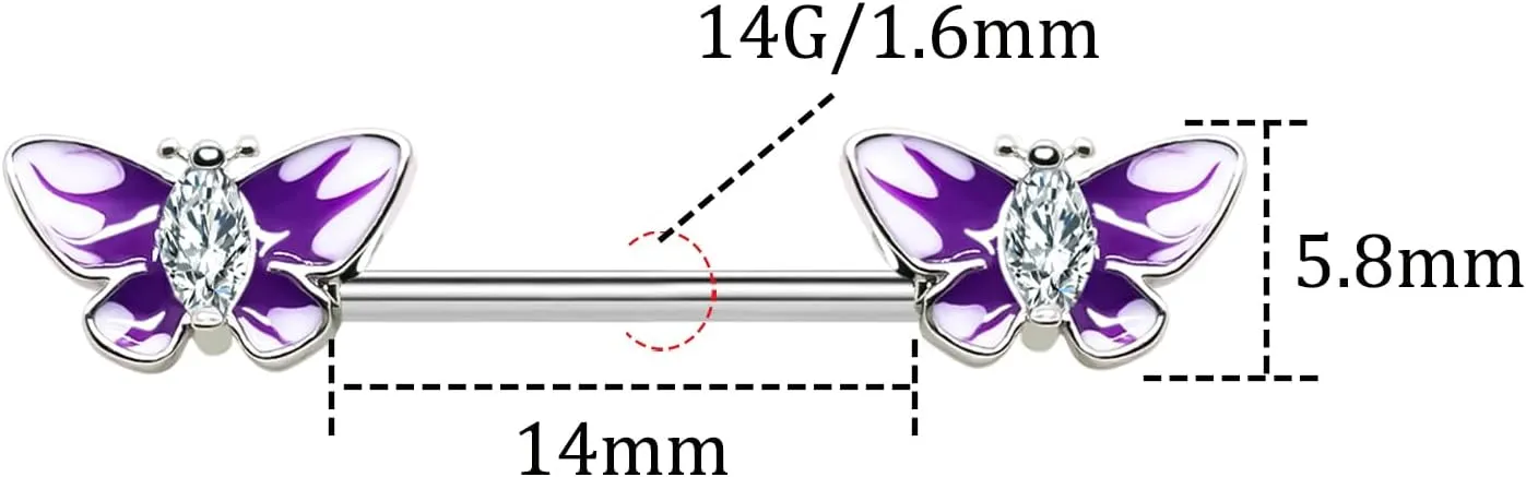 VERAMI 14G Stainless Steel Heart Nipple Rings and Barbell - Butterfly, Starlight Acrylic Ball, Tongue Rings for Women and Men