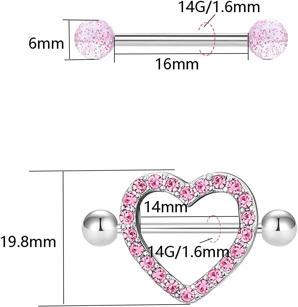 VERAMI 14G Stainless Steel Heart Nipple Rings and Barbell - Butterfly, Starlight Acrylic Ball, Tongue Rings for Women and Men