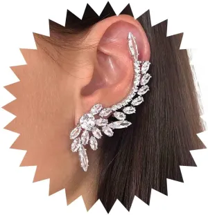 Vintage Crystal Cuff Wrap Earrings Silver Rhinestone Leaf Ear Cuff Earring Long Cz Ear Climber Cuff Earring Boho Crystal Climbing Earrings Jewelry for Women