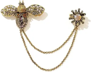 Vintage Honey Bee Brooch Pins For Women Men Cz Crystal Animal Insect Honeybee Lapel Pin Badge Dainty Hanging Tassel Chains Collar Shirt Corsage Hat Scarf Tie Accessories Fashion Birthday Jewelry Gift