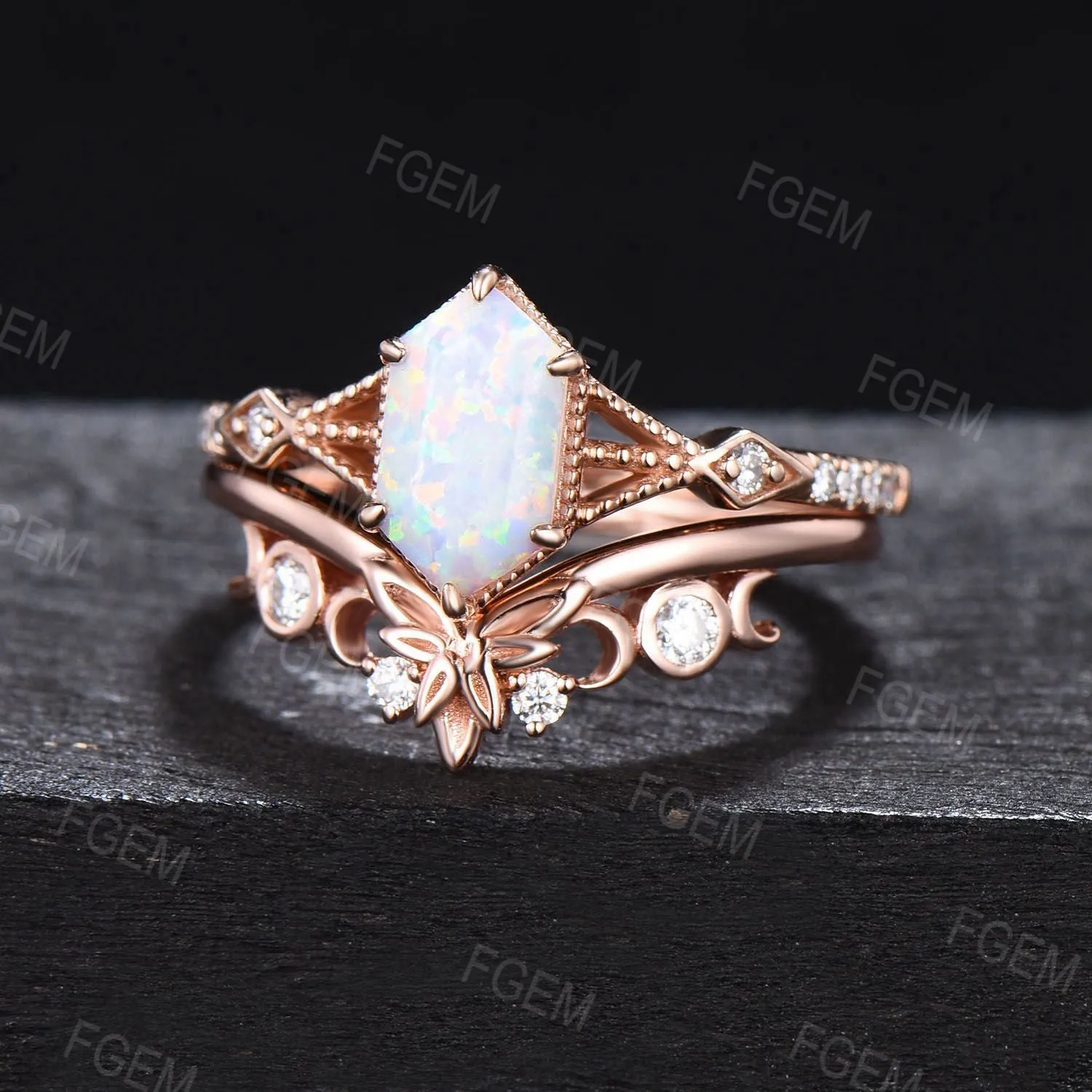 Vintage Long Hexagon White Opal Ring Set Half Eternity Milgrain Ring 3 Row Split Fire Opal Bridal Set Moon Leaf Moissanite Ring Promise Gift
