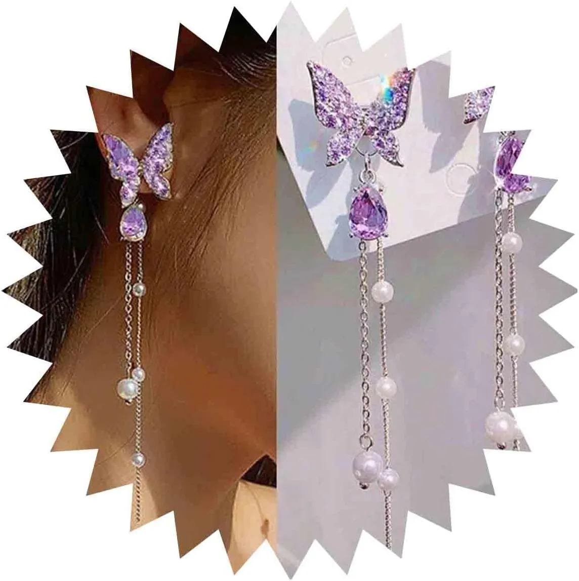 Vintage Purple Crystal Butterfly Stud Earrings with Pearl Tassel Chain and Silver Butterfly Pearl Dangle Earrings - Women's Jewelry