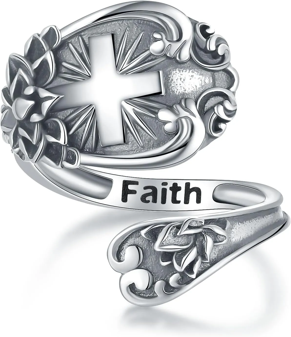 Vintage Spoon Ring, Sterling Silver, Faith Cross, Adjustable, Women's Ring, Religion, 925, Silver, Gift, One Size
