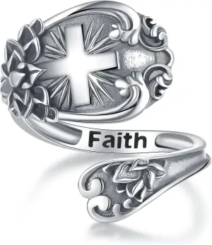 Vintage Spoon Ring, Sterling Silver, Faith Cross, Adjustable, Women's Ring, Religion, 925, Silver, Gift, One Size