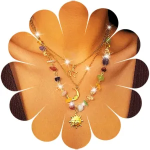 Vinzar Boho Layered Chain Necklace Gold Sun Moon Star Pendant Necklace Colorful Crystal Stone Necklace Jewelry for Women