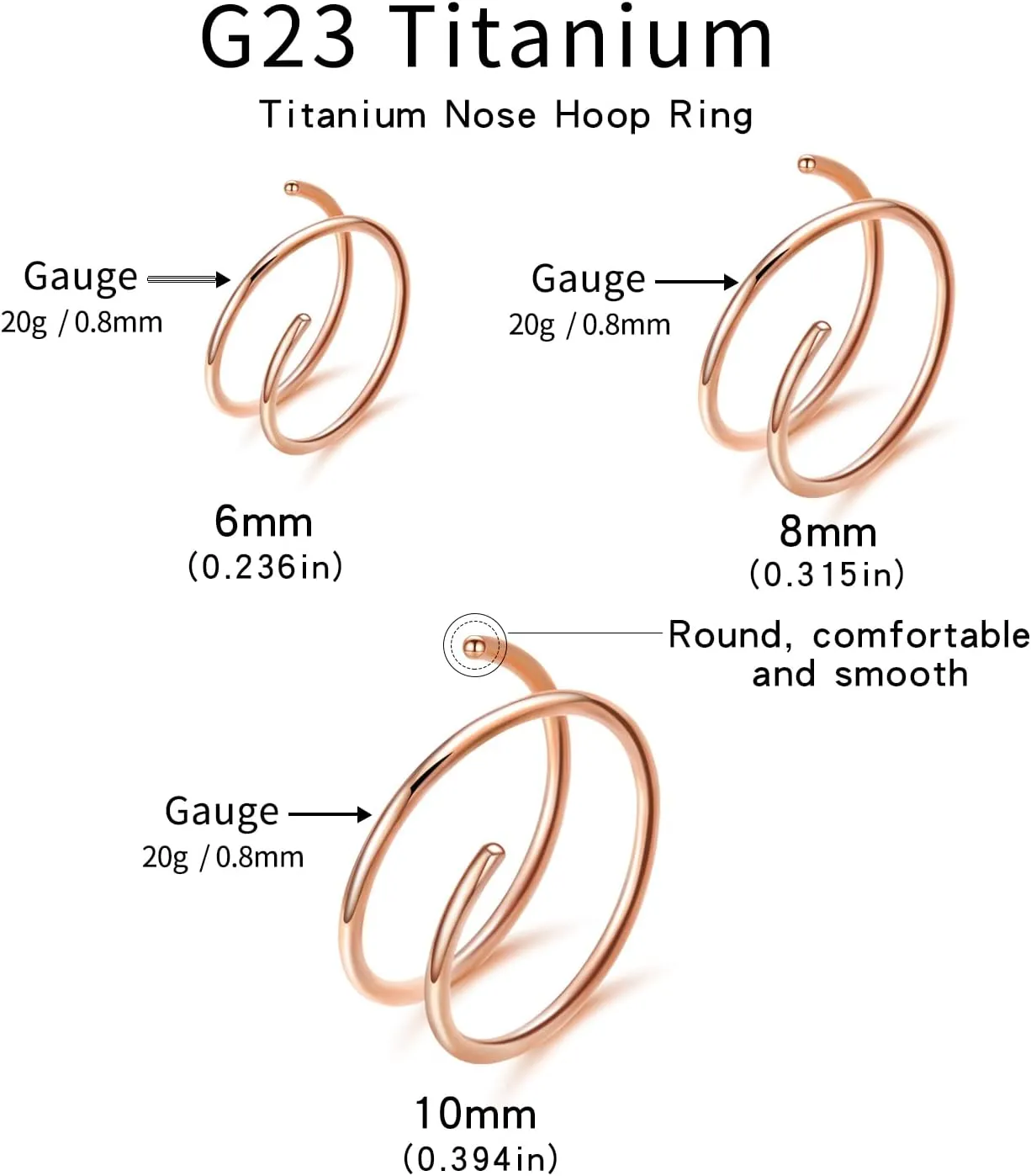 VOJO G23 Titanium Spiral Double Hoop Nose Rings 20G 6/8/10mm Hypoallergenic Thin Piercing Jewelry for Women Men