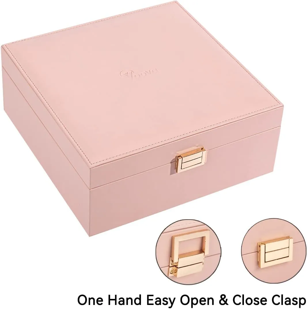 Voova Jewelry Box Organizer for Women Teen Girls, 2 Layer 5 Slot Watch Storage Case with Removable Tray, PU Leather Large Jewellery Holder Display for Watches Sunglasses Rings Earrings Necklace, Pink