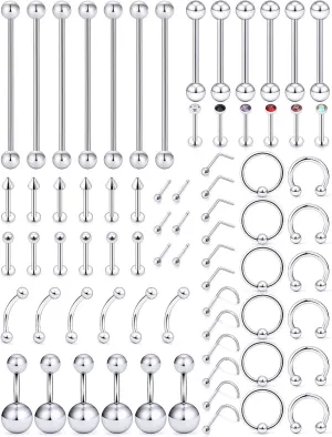 Vsnnsns 14G 16G 20G Lot of Stainless Steel Body Jewelry Piercing Use for Ear Nose Lip Tongue Nipple Eyebrow Septum Belly Button Rings Industrial Piercing Jewelry Kit Silver 72Pcs