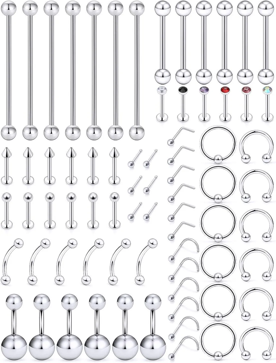 Vsnnsns 14G 16G 20G Lot of Stainless Steel Body Jewelry Piercing Use for Ear Nose Lip Tongue Nipple Eyebrow Septum Belly Button Rings Industrial Piercing Jewelry Kit Silver 72Pcs