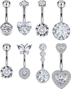 Vsnnsns 14G Belly Button Ring Piercing Jewelry 316L Stainless Surgical Steel Heart CZ Opal Butterfly Navel Rings Reverse Belly Button Ring Navel Piercing Jewelry for Women Men Hypoallergenic