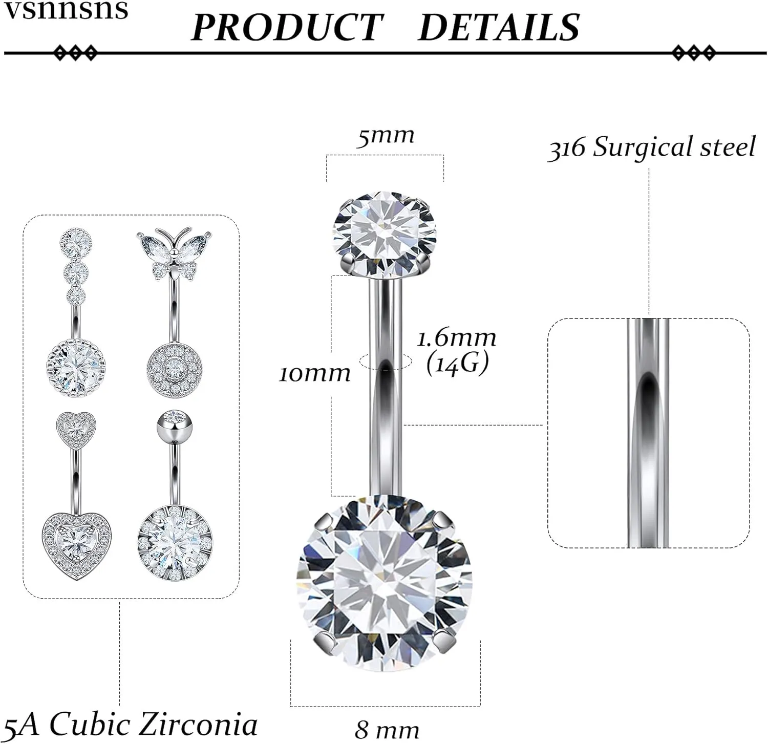 Vsnnsns 14G Belly Button Ring Piercing Jewelry 316L Stainless Surgical Steel Heart CZ Opal Butterfly Navel Rings Reverse Belly Button Ring Navel Piercing Jewelry for Women Men Hypoallergenic