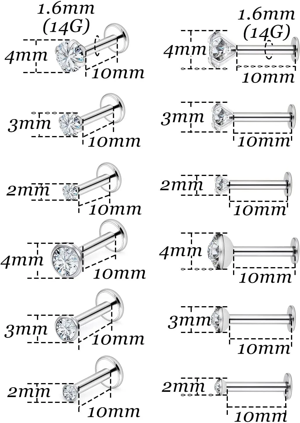 Vsnnsns 14G Lip Rings Stainless Steel Tragus Helix Conch Piercing Jewelry Snake Bite Piercing Monroe Lip Rings Labret Medusa Cartilage Lobe Earrings Piercing Jewelry Cubic Zirconia 2MM 3MM 4MM