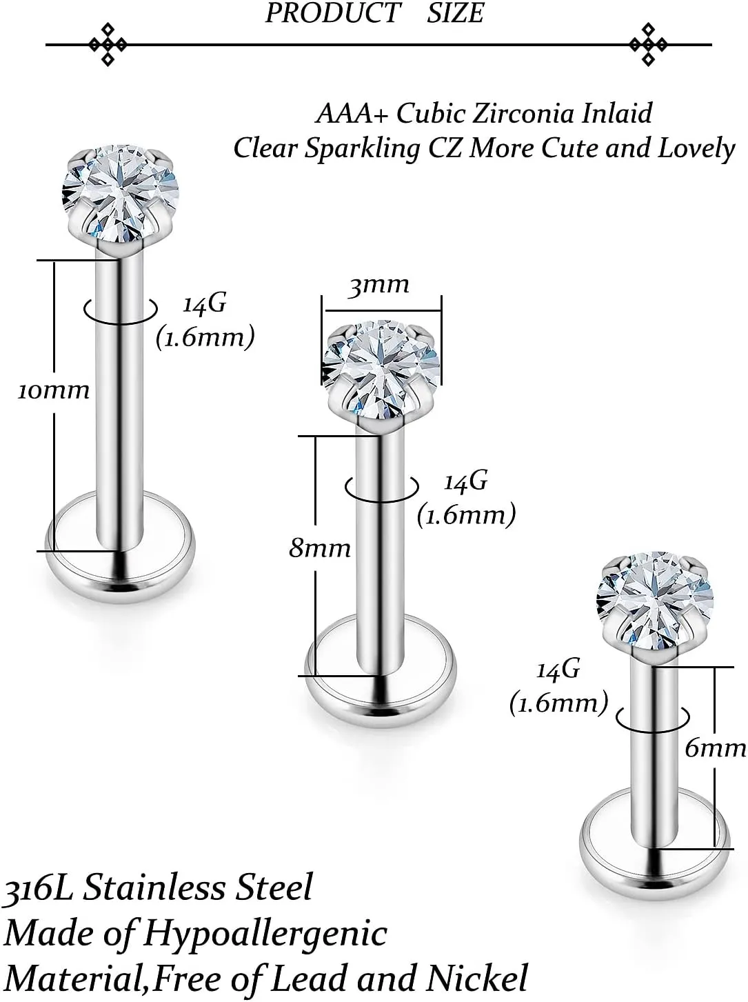 Vsnnsns 14G Lip Rings Stainless Steel Tragus Helix Conch Piercing Jewelry Snake Bite Piercing Monroe Lip Rings Labret Medusa Cartilage Lobe Earrings Studs Piercing Jewelry 6MM 8MM 10MM Silver 18PCS