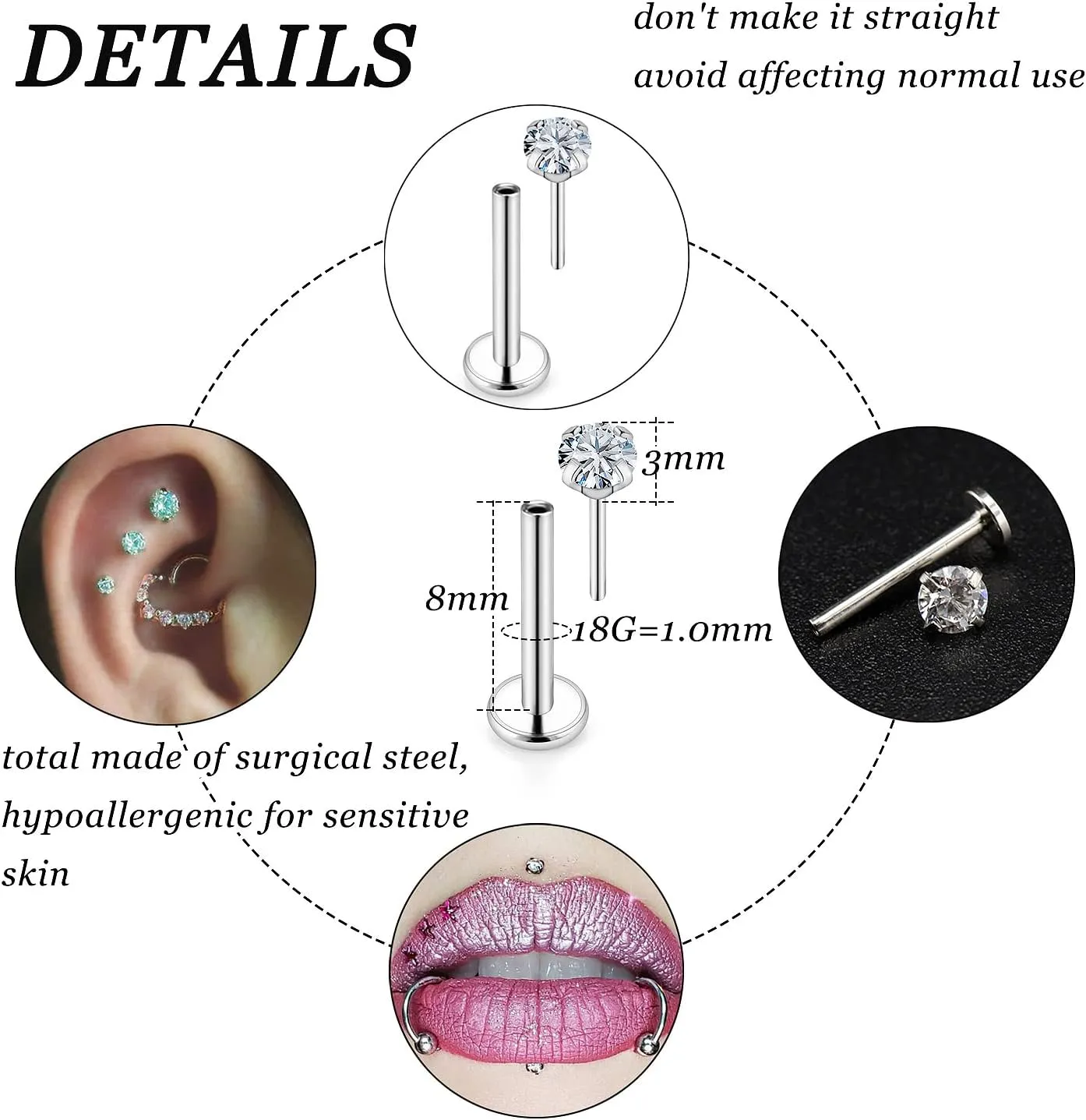 Vsnnsns 14K Gold Plated 16G 18G 20G Threadless Nose Rings Studs Flat Back Earrings Stainless Steel Tragus Helix Conch Earrings Stud Snake Bite Lip Rings Labret Medusa Piercing Jewelry for Women Men
