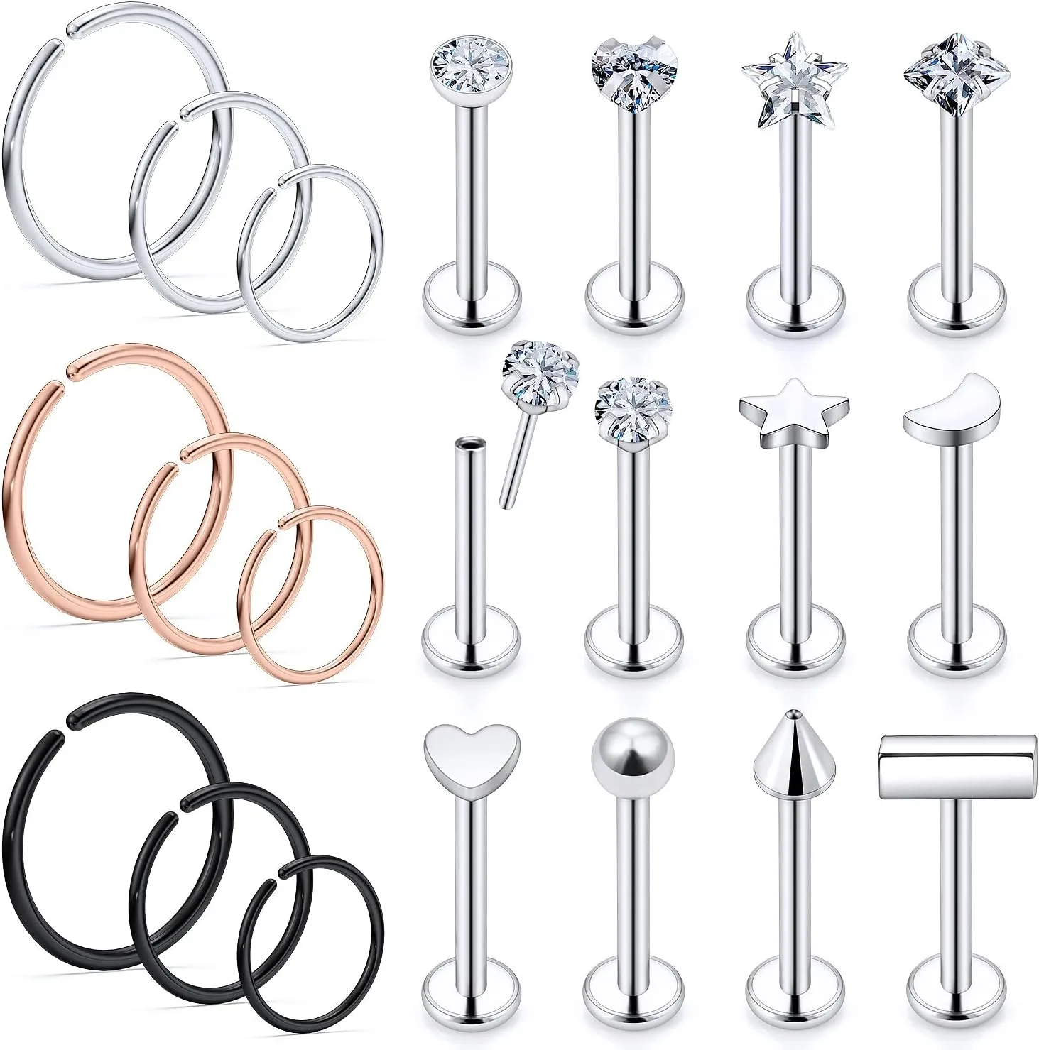 Vsnnsns 18G 20G Threadless Push in Nose Rings for Women 316L Surgical Stainless Steel L Shaped Nose Studs Screw Bone Nose Rings Hoops Piercings Nostril Piercing Nose Studs Jewelry Silver CZ 21Pcs