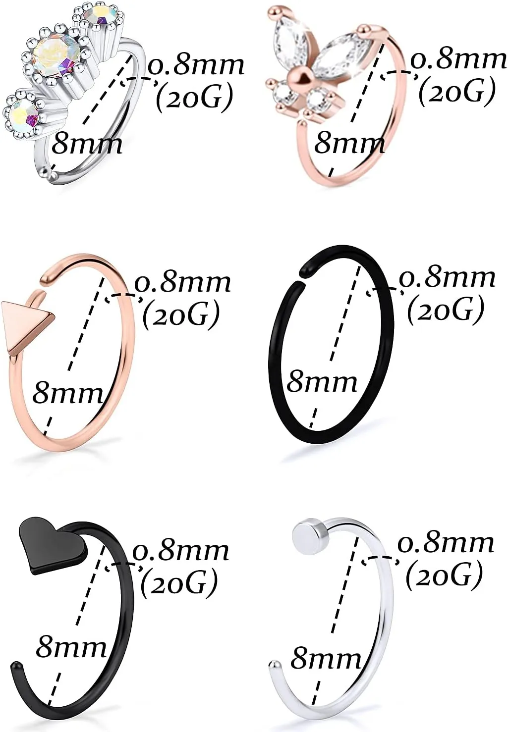 Vsnnsns 20G Flower Nose Rings Hoop Stainless Steel Cartilage Helix Earrings Hoop Ear Nose Septum Rings Body Piercing Jewelry for Women Men 8mm