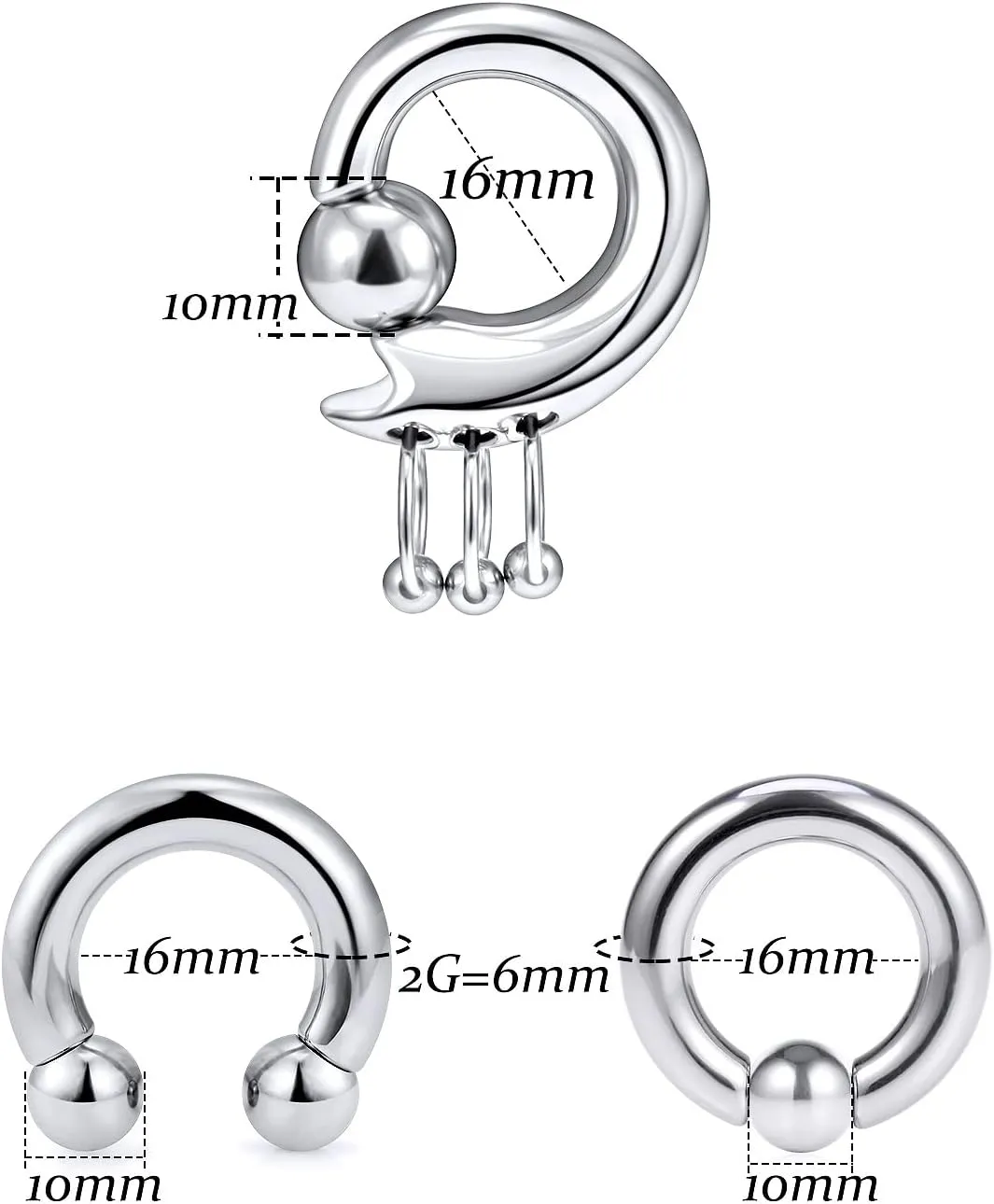 Vsnnsns 2G 4G 6G 8G Septum Rings Surgical Steel Heavy Gauges Earrings for Stretching Internally Threaded Horseshoe Septum Nose Rings Weights Captive Bead Earrings Hoops Silver Black Rainbow Rose Gold
