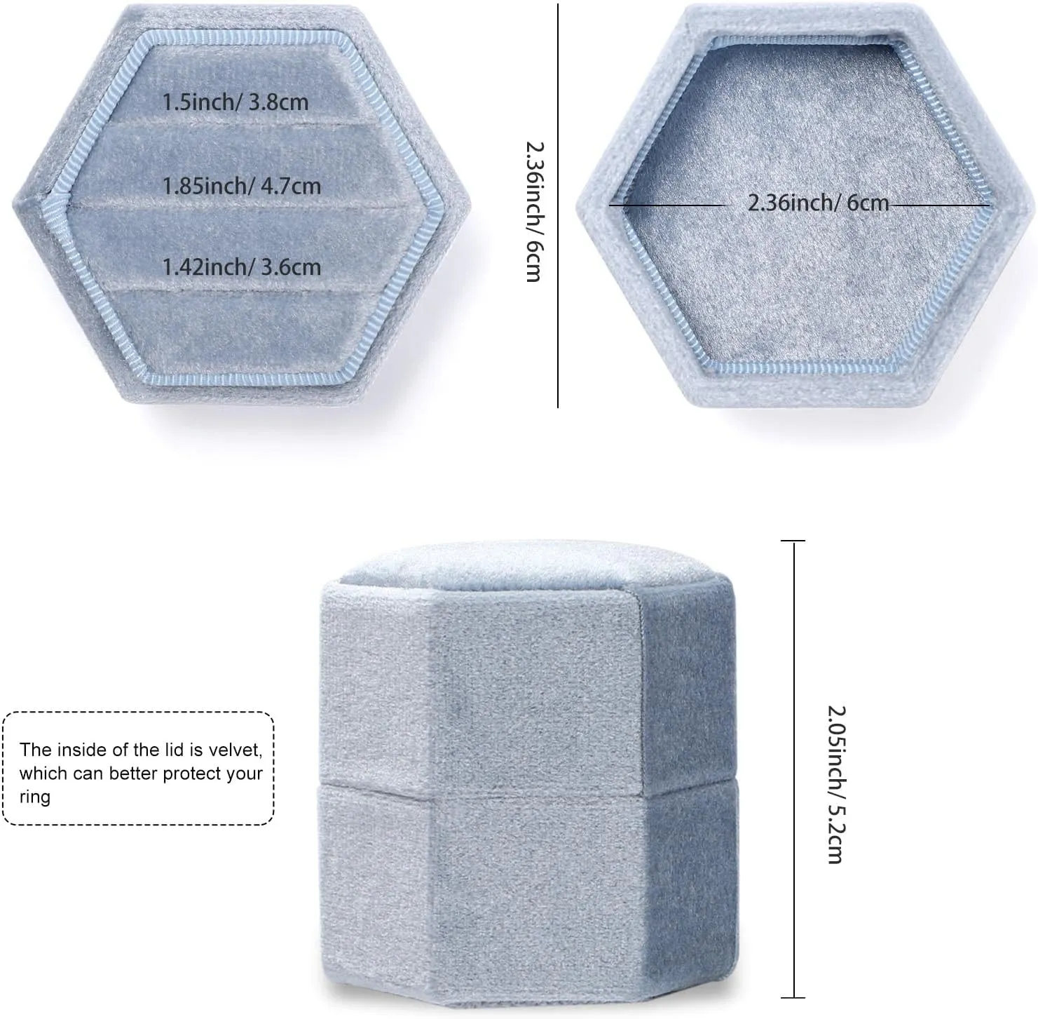 WantGor Velvet Jewelry Ring Box, 3 Slots Hexagon Ring Gift Box Vintage Ring Display Holder Case for Wedding Ceremony Proposal Engagement (Blue)