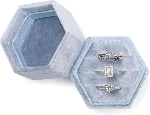 WantGor Velvet Jewelry Ring Box, 3 Slots Hexagon Ring Gift Box Vintage Ring Display Holder Case for Wedding Ceremony Proposal Engagement (Blue)