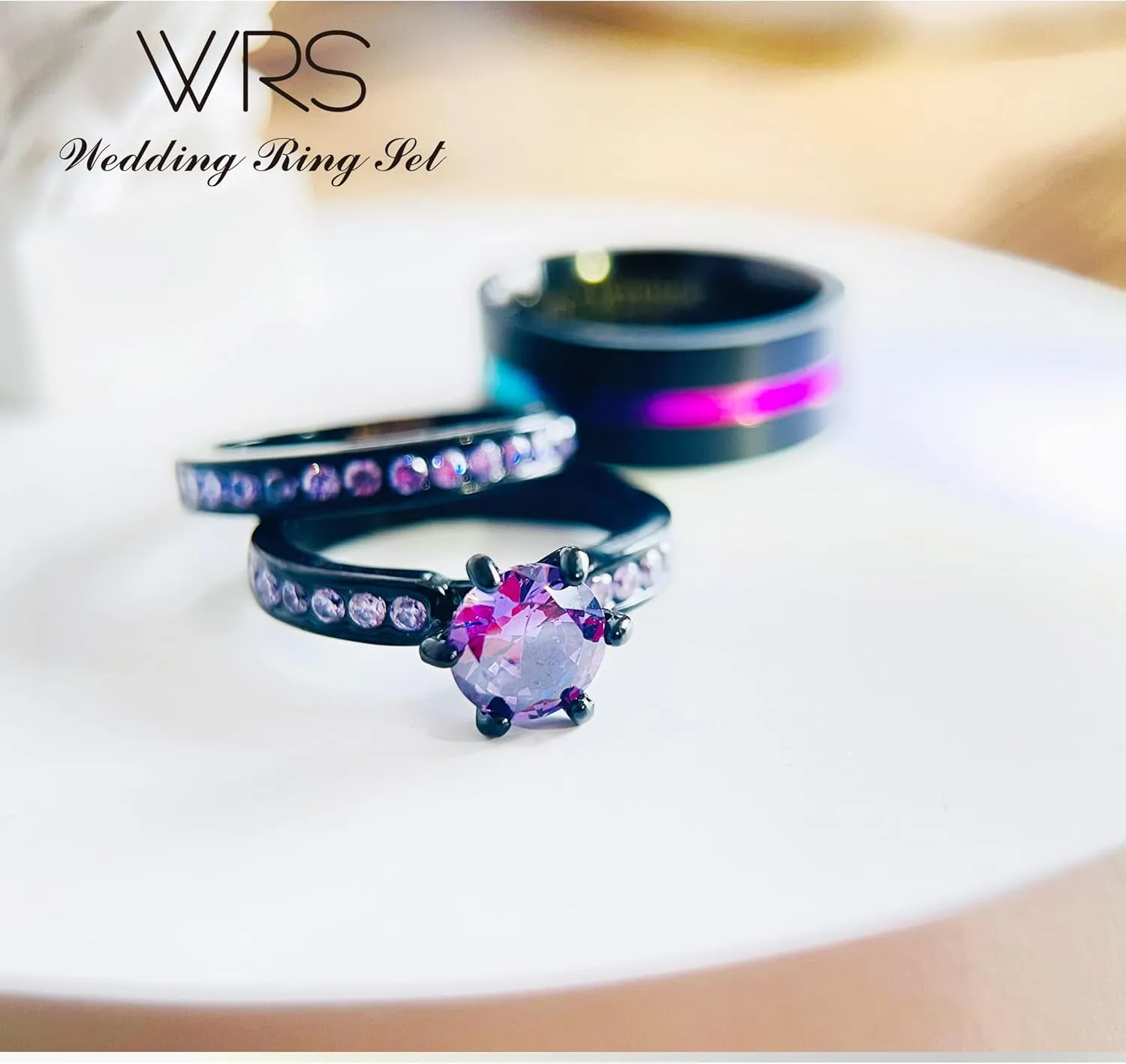 wedding ring set His Hers Couples Matching Rings Women's 18k Black Gold Filled Violet CZ Wedding Engagement Ring Bridal Sets & Men's Tungsten Carbide Wedding Band